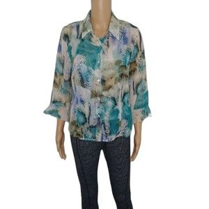 Nicola Women's Small Sheer Button Up Watercolor Flared Sleeves Blouse Summer Top
